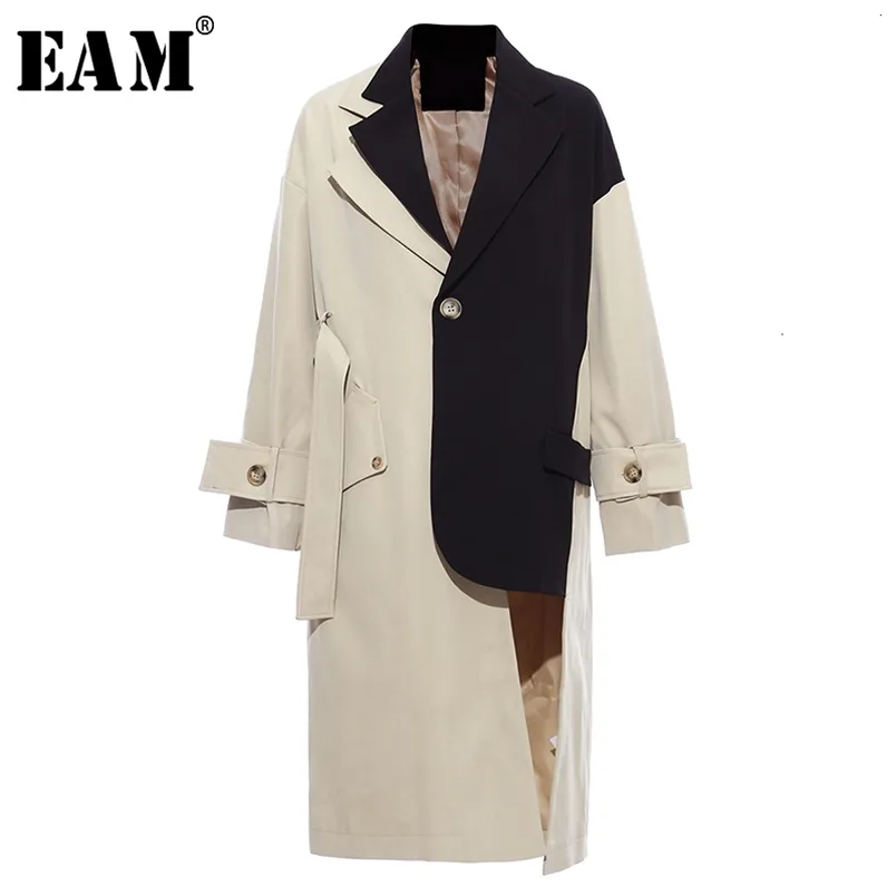 [EAM] Vrouwen Khaki Big Size Asymmetrische Trench Revers Lange Mouw Losse Fit Windbreaker Mode Lente Herfst 1K912 210914