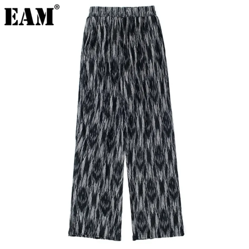 [EAM] taille haute élastique noir rayé jambe large pantalon plissé nouveau pantalon coupe ample femmes mode printemps été 2021 1DE0157 Q0801
