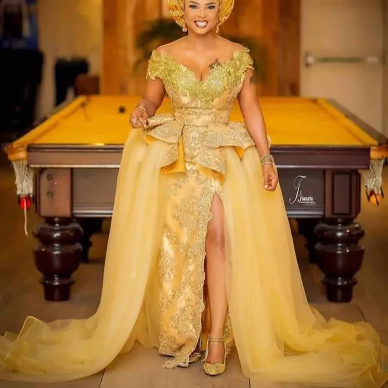 Goud Arabische Dubai Avondjurk 2021 Traditionele Nigerial Off Shoulder Lace Tulle Prom Toga Vestidos de Fiesta
