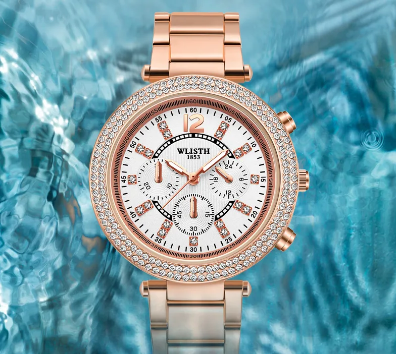 Bracelet en acier inoxydable Lignt luxe élégant femmes montres moment parfait plein diamant cadran rond quartz or rose hardlex poignet Wa286c