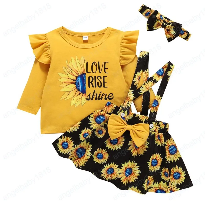 Kinderkleding Sets Meisjes Zonnebloem Outfits Baby Chrysanthemum Flying Mouw Tops + Strap Jurk + Bow Hoofdband 3 Stks / Set Lente Herfst Mode Babykleding