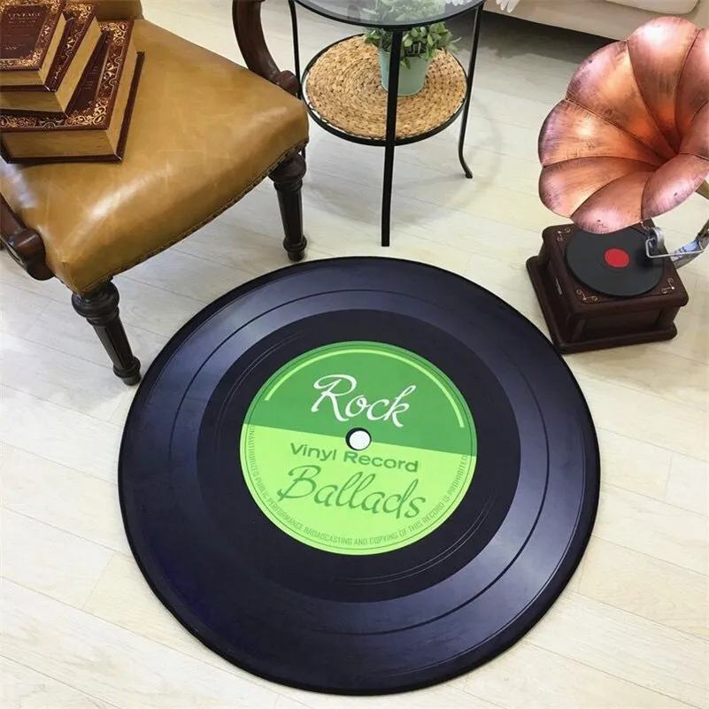 Retro CD Round Carpet Antik Sofa Mattor Non-Slip Mat Blanket Vinyl Records Modell Dörr Kid Bedside Yoga Stor Area Rug 210301