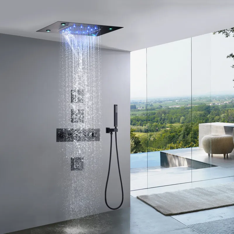 Matte Black Waterfall Thermostatic LED Rain Shower System 14 X 20 Inch Rectangle Luxury Ceil Mounted Head Bathroom Mixer Faucet Set
