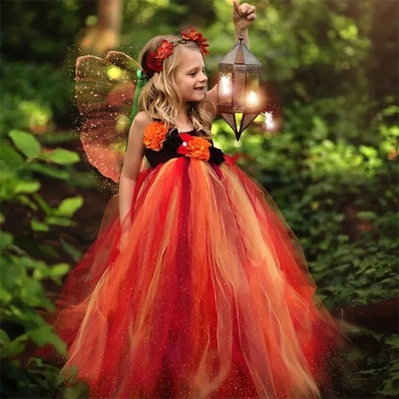 Girls Orange Butterfly Tutu Dress Kids Crochet Tulle Dress Ball Gown with Wing Children Halloween Party Cosplay Costume Dresses 210303