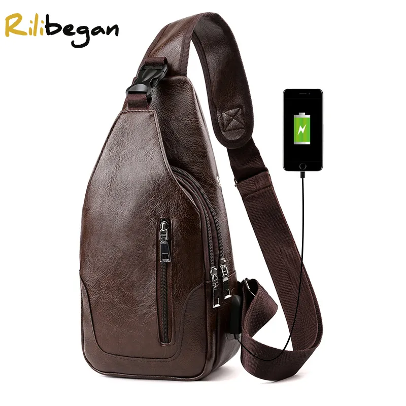 Homens Casual Charging Headphone Jack Couro Pu Grande Capacidade Travel Business Crossbody Bags