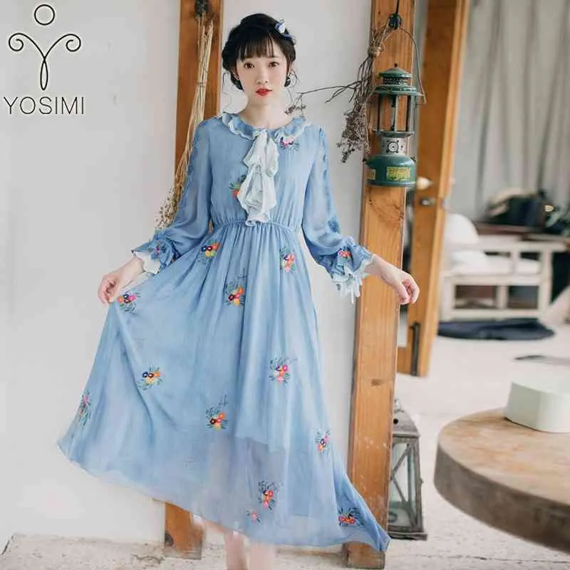 Yosimi Spring Summer Long Women Dress Maxi Preppy Style Blue Sleeve O-Neck Sweet Girl A-Line Mid-Calf Elegant 210604