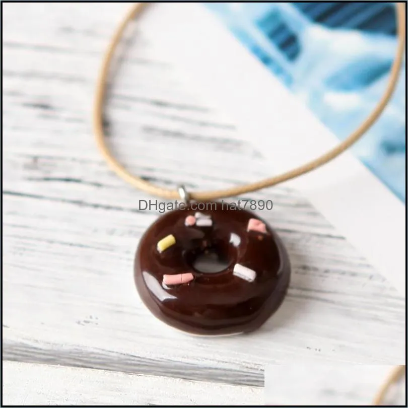 New Cartoon ceramic Donut small  Pendant necklaces leather Rope chains For women Girlfriend Fashion simple jewelry Gift
