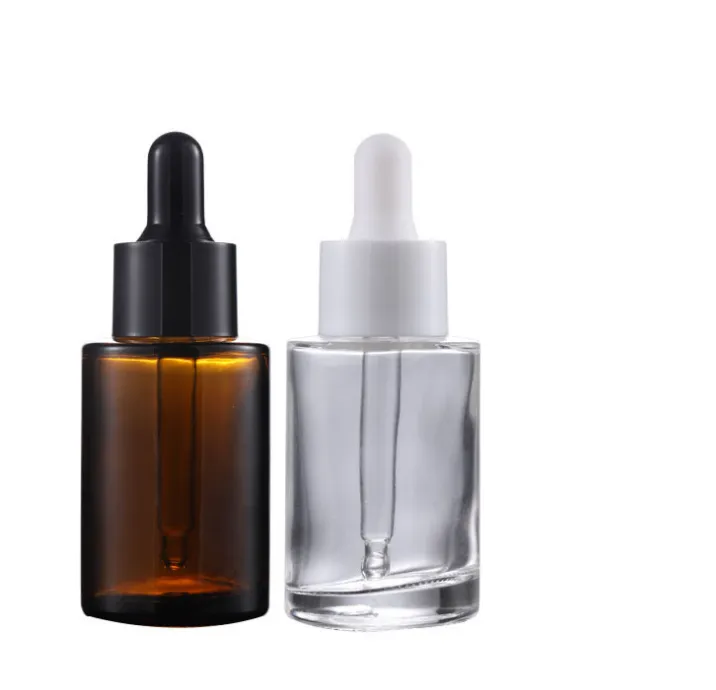 2021 30ml Glass Essential Oil Perfume Flaskor Flytande Reagenspipett Dropper Flaska Flat Axel Cylindrisk Flaska Klar / Frostat / Amber