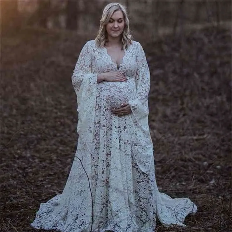 Boho Style Lace Maternity Dress For Pography Outfit Maxi Gown Pregnancy Women Long 210922