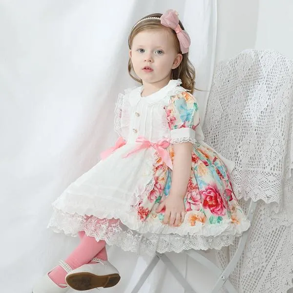 Baby Kläder Spansk Vintage Turkiet Lace Stitching Print Bow Infant Easter Eid Princess Gilr Lolita Dress A81 Q0716