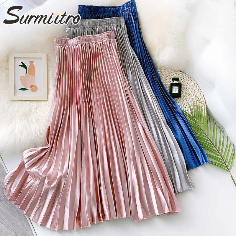 Surmiitro sommar mjuk satin Midi lång pläterad kjol Kvinnor Koreansk stil Rosa Blå Hög Midja Midlängd En Linje Skirt Kvinna 210712