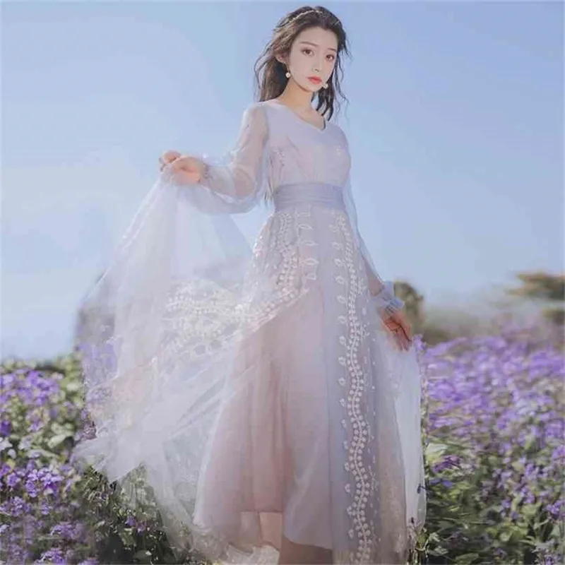V-neck Empire Fairy Long Women Dress Embroidery Full Sleeve Female Vestidos Ankle-Length Gray Mesh Dresses Summer 210603