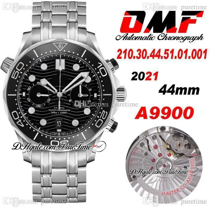 OMF 300M Cal A9900 Automatic Chronograph Herenhorloge Zwarte textuur wijzerplaat Roestvrij stalen armband 210.30.44.51.01.001 Super Edition Stopwatch Puretime N01b2