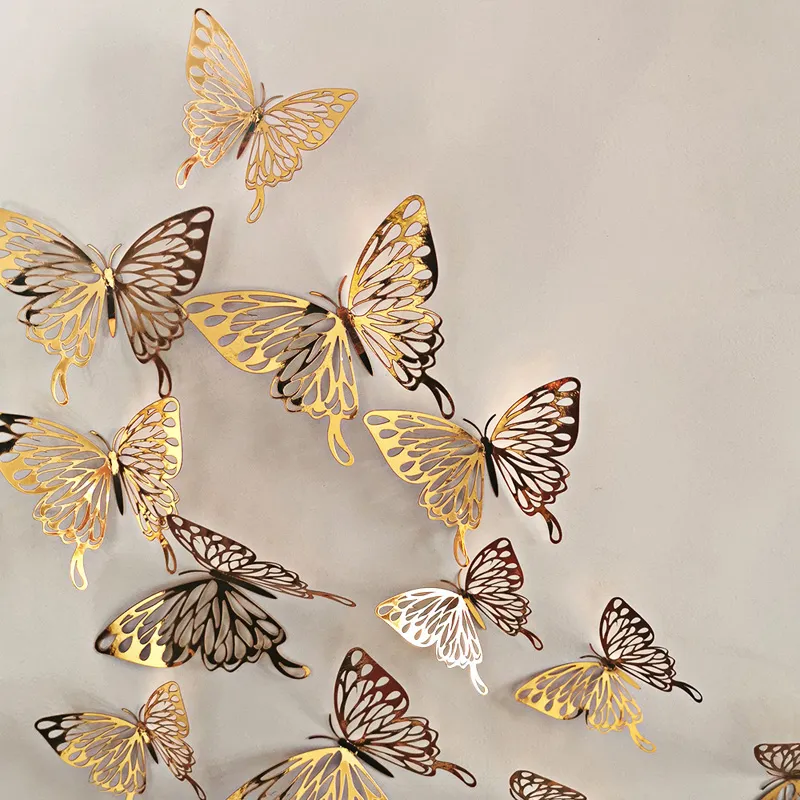 3D Butterfly Wall Stickers Hollow-Out Rose Gold Silver Decal Sticker for Home Room Office Decoration Birthday Wedding Party Decors