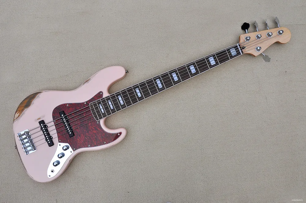 Guitare basse électrique vintage rose à 5 cordes avec manche en érable, matériel chromé, fournir des services personnalisés