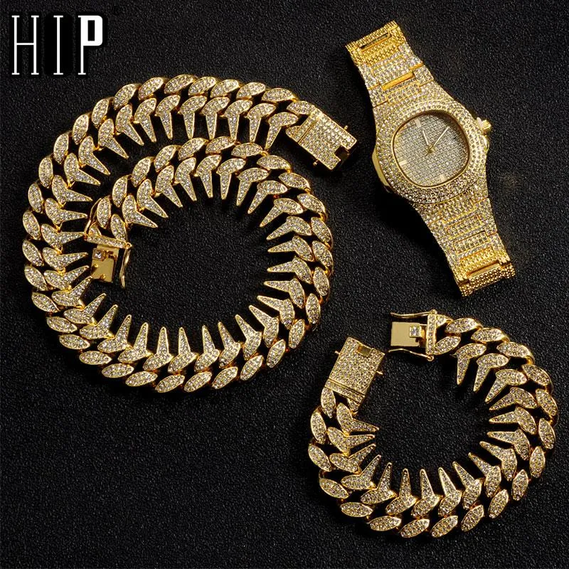 Zincirler Hip Hop 25mm 3 adet Kiti Ağır İzle + Dikenler Kolye + Bilezik Bling Kristal + Erkekler Takı Için Buzlu Küba Rhinestones