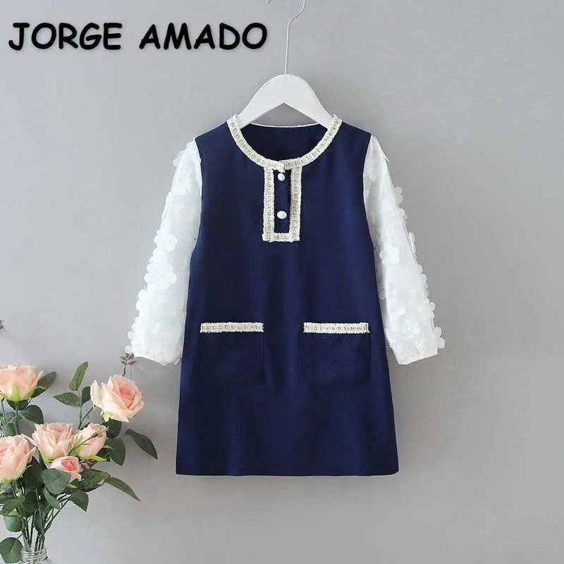 Koreański styl wiosna dzieci dziewczyny sukienka ciemnoniebieski patchwork kieszeń z długim rękawem dama sukienki dzieci ubrania E523 210610
