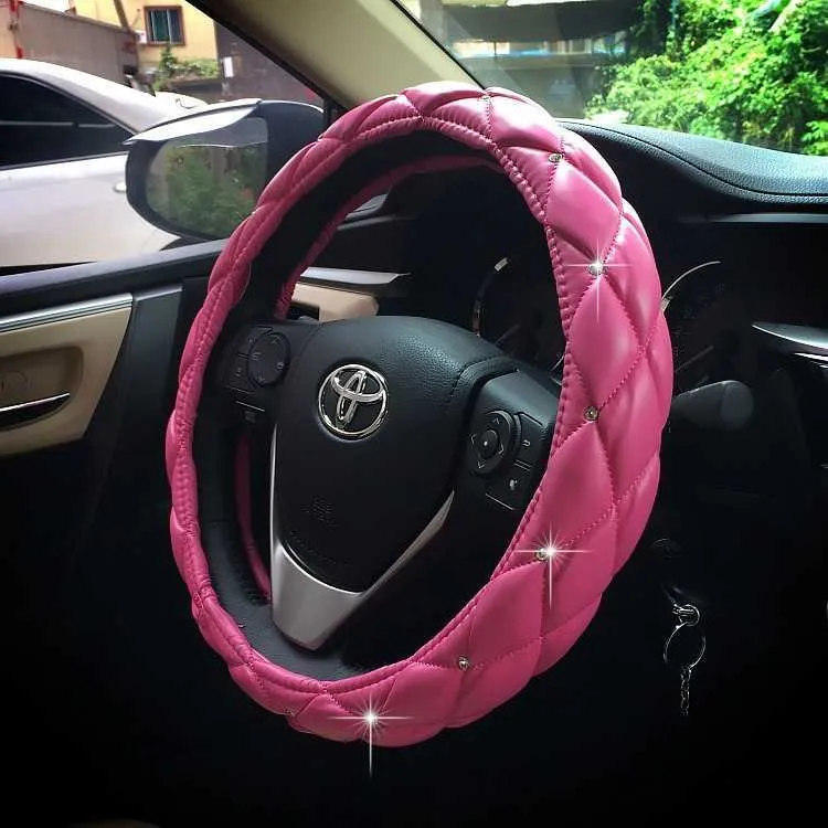 AuMoHall, protector para volante de coche para hombres y niñas, regalo, cristal brillante, negro/rosa/rojo, accesorios de cuero PU para coche, 38cm, 15 ", Universal