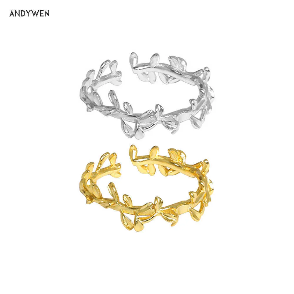 Andywen 925 Sterling Zilver Goud Grote Resizable Ringen Geometrische Onregelmatige Tree Wijnstok Luxe Ronde Fijne Sieraden 210608