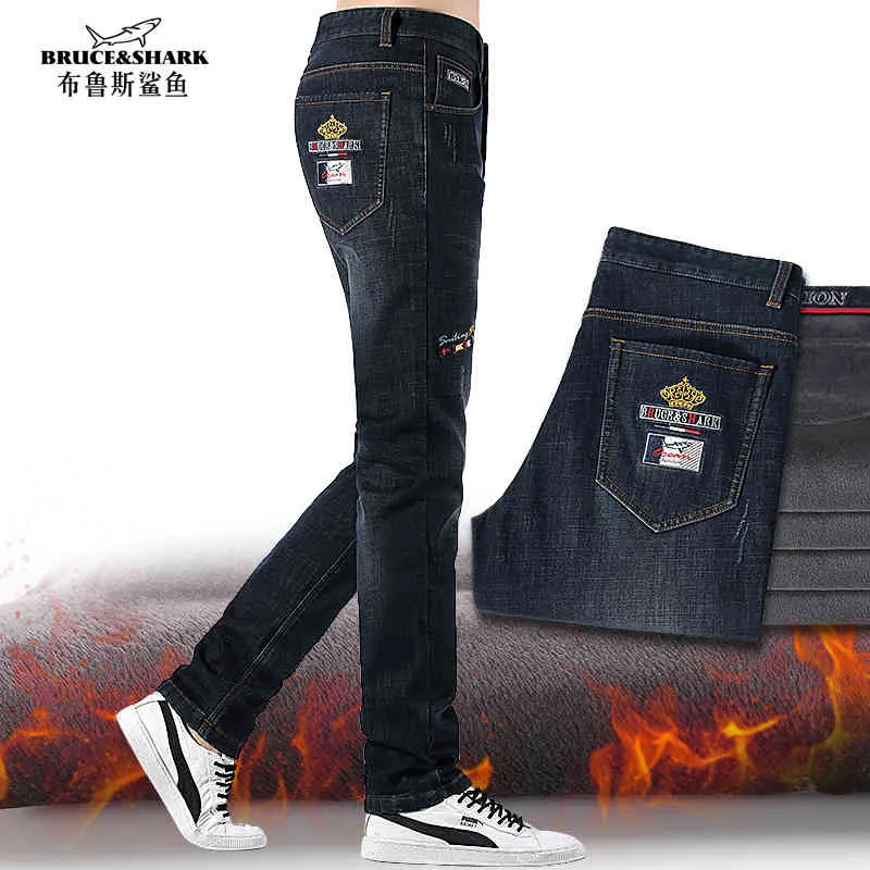 Winter Fleece Jeans Fashion Casual Toppkvalitet Broderi Straight Stretch Heavyweight Stor Storlek 42 Män Byxor