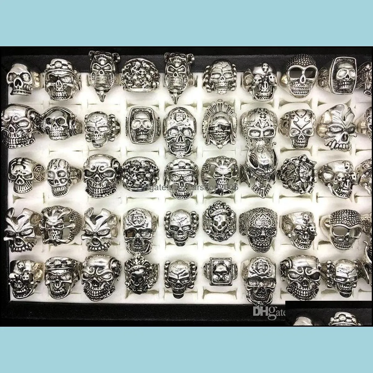 2021 Wholesale 50pcs Lot Vintage Skull Skeleton Jewelry Rings Punk Mixed Style Rings For Man