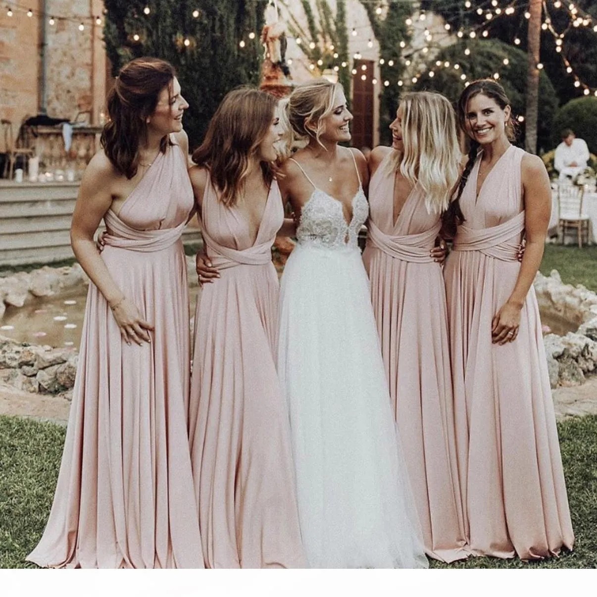Custom-made Pink One-Shoulder blush bridesmaid dresses long with Deep V-Neck and Lycra Fabric - Perfect for Beach Weddings, Formal Evening Wear, and