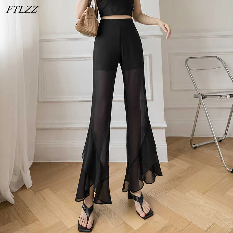 FTLZZ printemps été nouveauté dames Sexy noir taille haute jambe large pantalon femmes décontracté en mousseline de soie volants pantalon ample Q0801