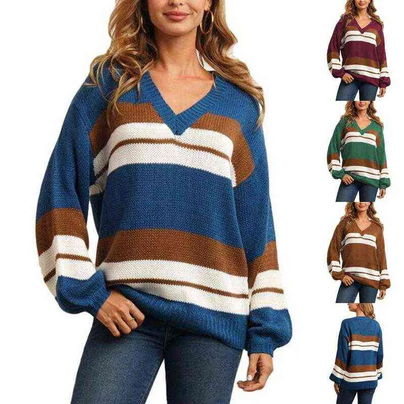 Женщины цветные блок свитера Джингеры трикотажные повседневные свободные полоса вязаные джемпер топный теплый пуловер свитер вершина для дам Y1110