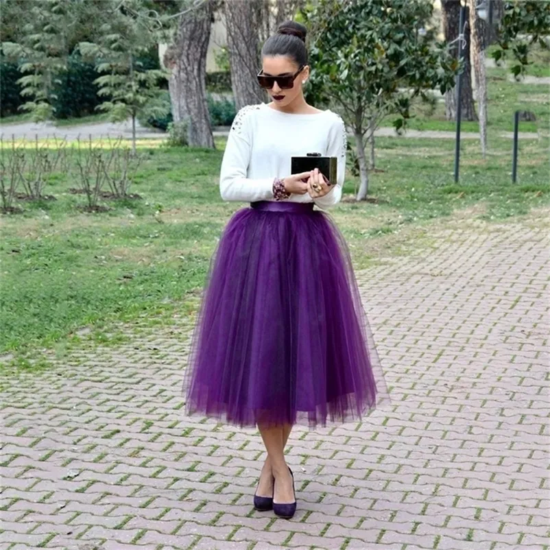 Modeste Lady Tulle Jupe Ruban Taille Élastique Sur Mesure Longueur Midi Violet Tulle Jupes Mi-mollet Jupe Pour Lady Femmes Vêtements 210310