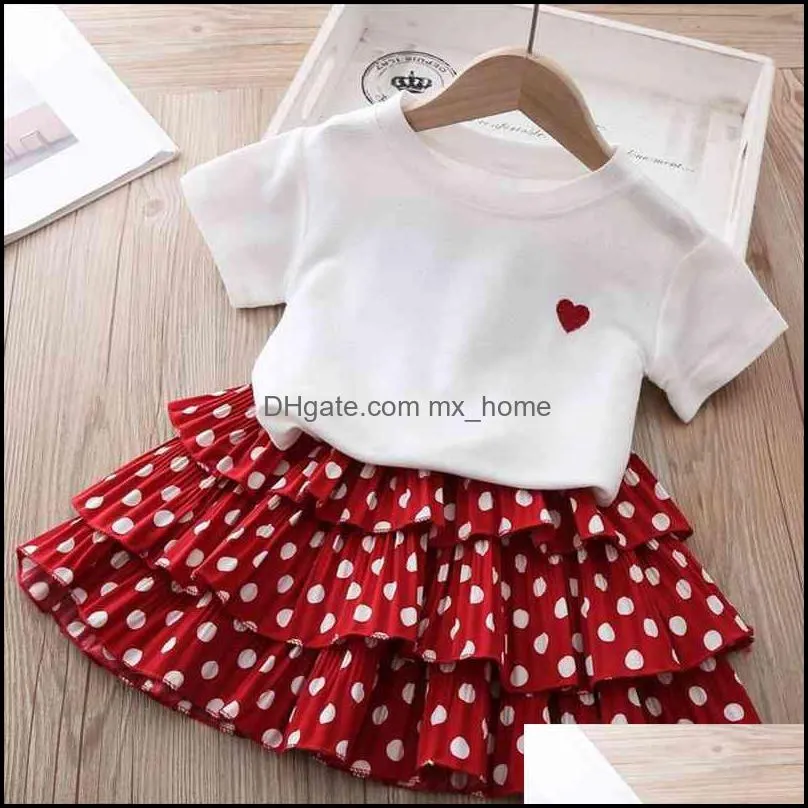 Ensembles de vêtements bébé enfants bébé, vêtements de maternité filles ensemble été amour t-shirt à manches courtes à pois jupe de gâteau imprimée 2 pièces enfant en bas âge