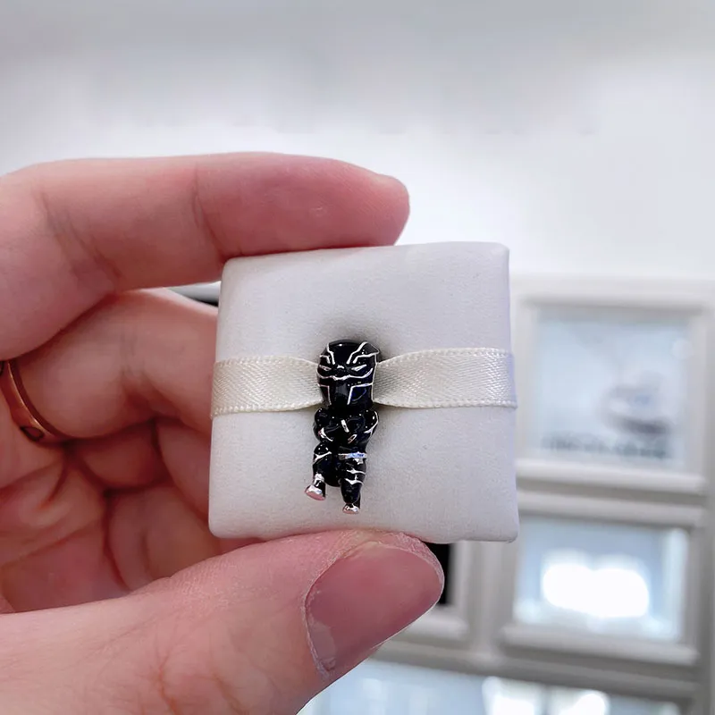 Schwarze Emaille-Perle aus 100 % 925er Sterlingsilber, passend für europäische Pandora-Schmuck-Charm-Armbänder