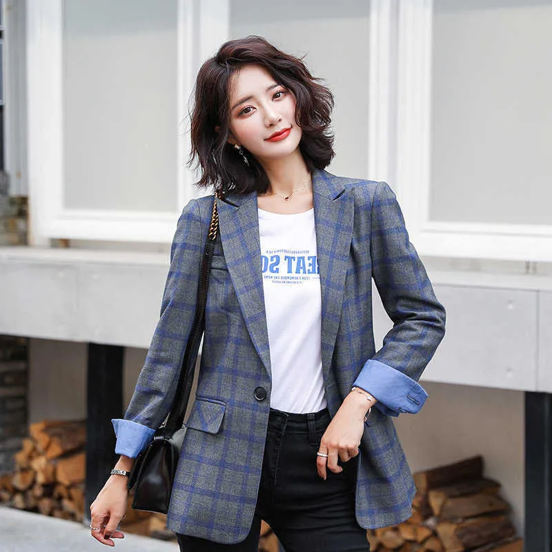 Hoge Kwaliteit Casual Dames Lange Mouw Blazer Autumn Slim Blue Plaid Pak Zakelijke Jas Groot Afmeting Vrouwelijke Office 210527