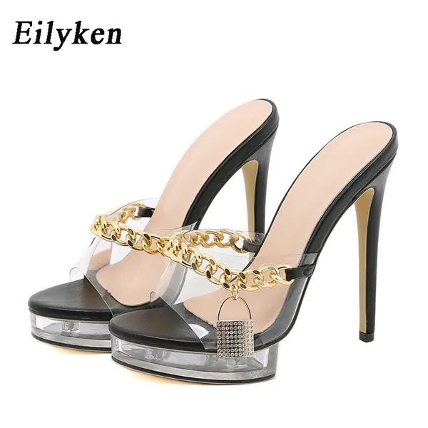 Eiluken Letnia Platforma Łańcuchowa Cienkie Wysokie Obcasy 13CM Ladies Pantofle Moda PVC Przezroczysty Peep Toe Slip-on Mules Buty Y1120