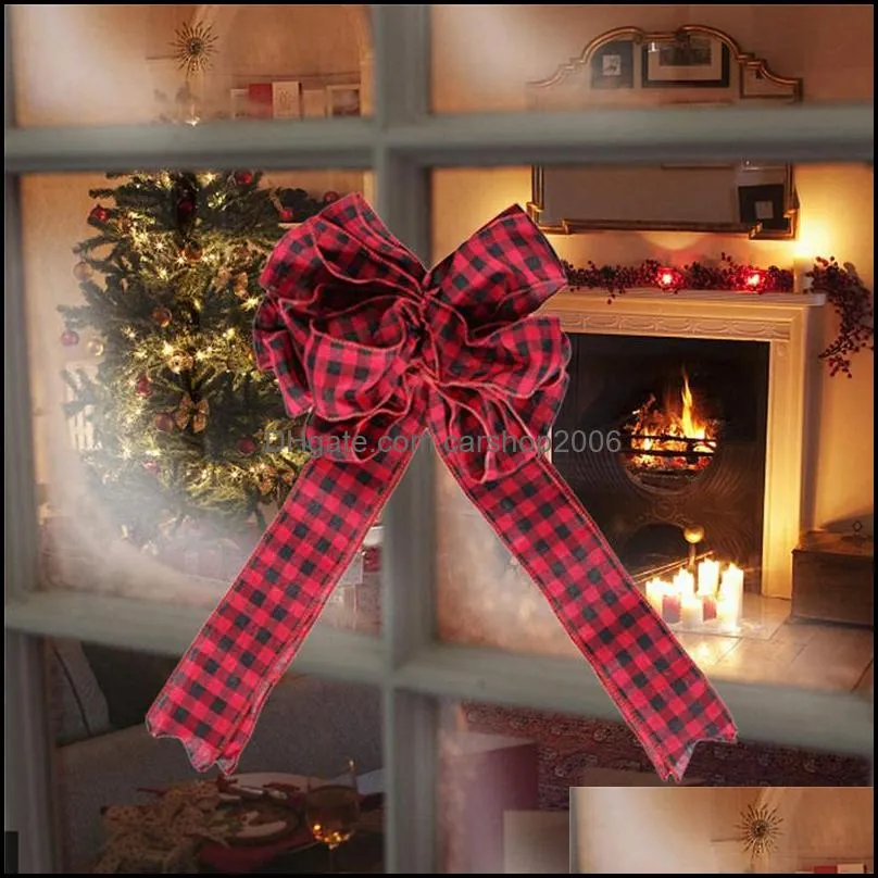 Christmas Tree Topper Decoration Red and Black  Plaid Toppers Bow Indoor Outdoor Hanging Ornament JK2011PH