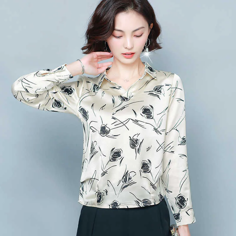 Korean Silk Blouses Women Satin Long Sleeve Blouse Shirts Tops Plus Size 5XL Woman Print Blusas Femininas Elegante 210531