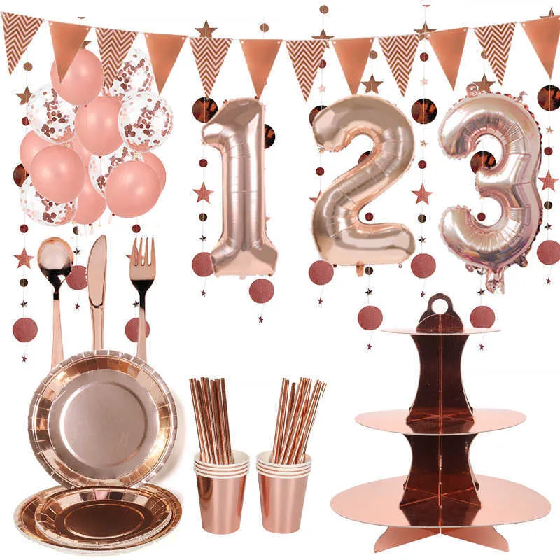 シャンパンバルーン誕生日パーティーの装飾アダルトキッズホームディナーパーティー食器8ピース紙プレートベビーシャワーサプライ品Y0730