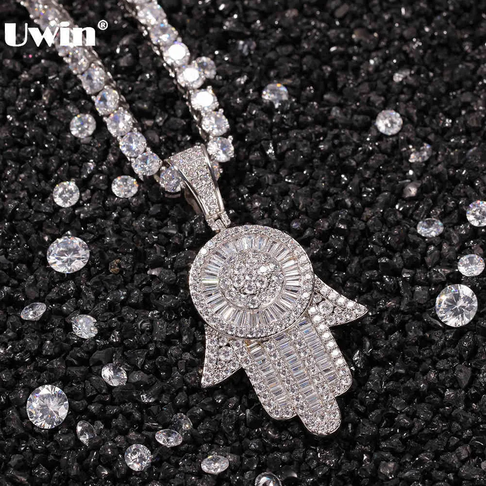 Uwin Hamsa Anhänger für Frauen voller Iced Out Hand von Fatima Charms mit CZ Tennis Kette Halskette Baguette CZ gepflastert Modeschmuck X0509