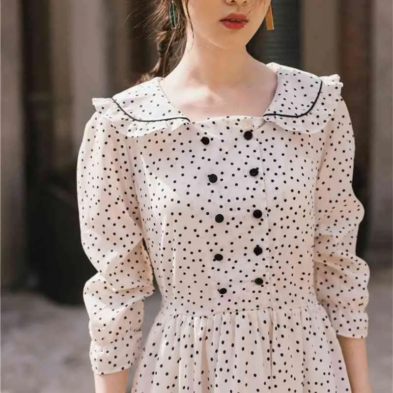 Sweet Girl White Mid-Calf Flare boho maxi dress with Peter Pan Collar and Dot Detailing - Perfect for Spring and Summer (210603)