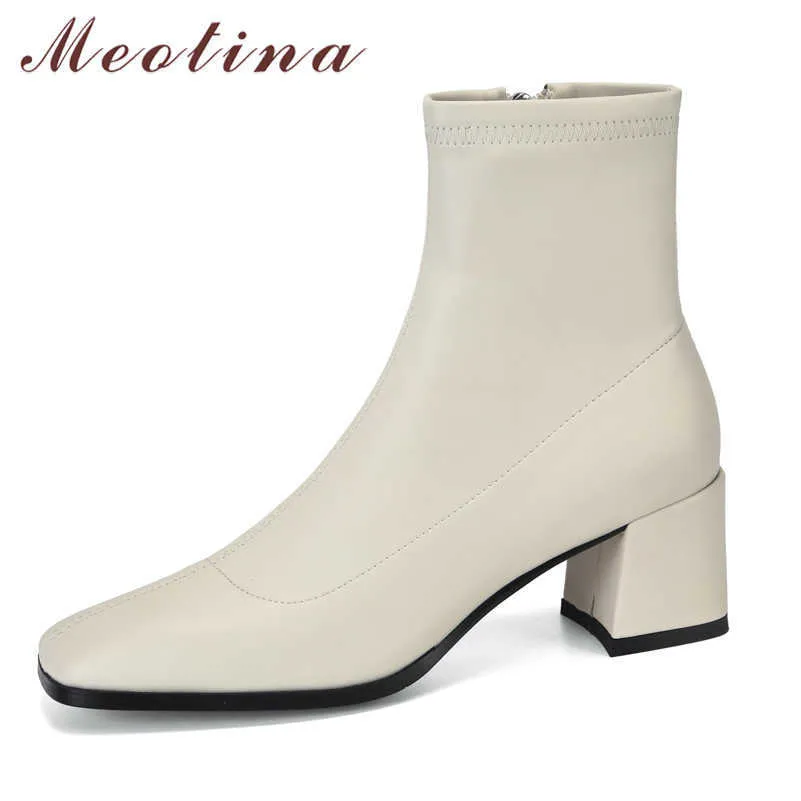 Meotina Натуральная кожа высокие каблуки ботильоны женские туфли на молнии квадратный носок коренастые каблуки дамы короткими ботинками осень зима коричневый 210608