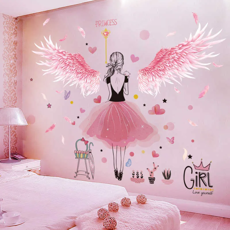 Autocollants muraux d'ailes de plumes roses DIY Cartoon Girl Stickers muraux pour chambres d'enfants Chambre de bébé Chambre d'enfant Décoration de la maison 210705