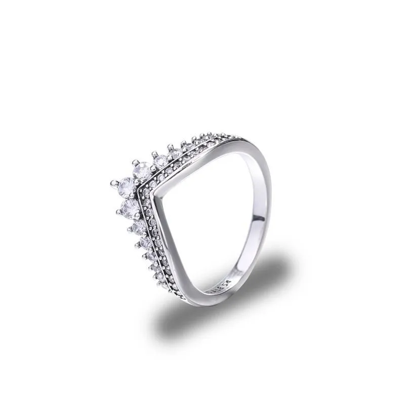 Transparent CZ diamond princess wishing ring set original box suitable for Pandora 925 sterling silver ladies and girls wedding crown ring