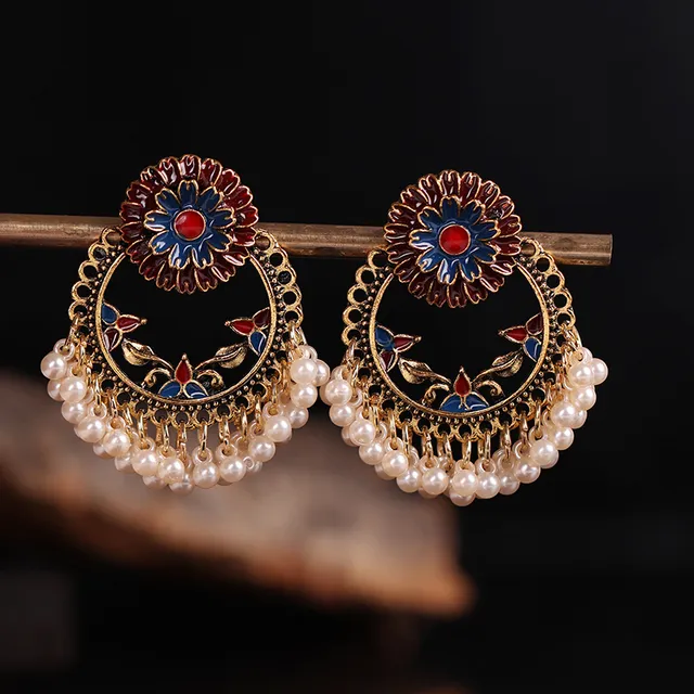 Brincos indianos geométricos ocos da flor grande do vintage para as mulheres Pendientes esmaltecas boêmio retro antique ouro pérolas de pérolas