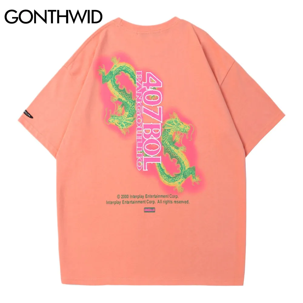 GONTHWID Stile cinese Hip Hop Casual Uomo Magliette Estate Drago Stampa T-shirt manica corta Cotone Streetwear Harajuku Magliette Top C0315