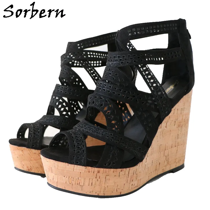 Sandalias Sorbern Black Sandals Hollow Summer Zapatos de la cremallera Talón alto Tacón sexy Nuevas mujeres de tamaño