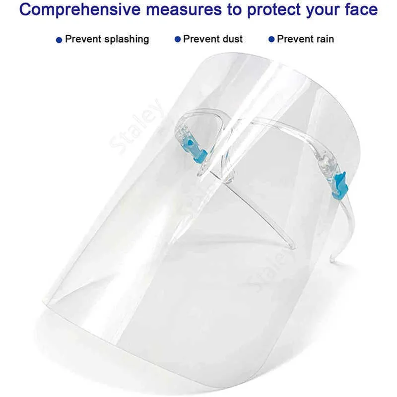 Säkerhet Transparent Clear Eco Pet Transparent med glasram Plast Återanvändbar skyddande anti-stänk och dimma Face Shield Mask Das199