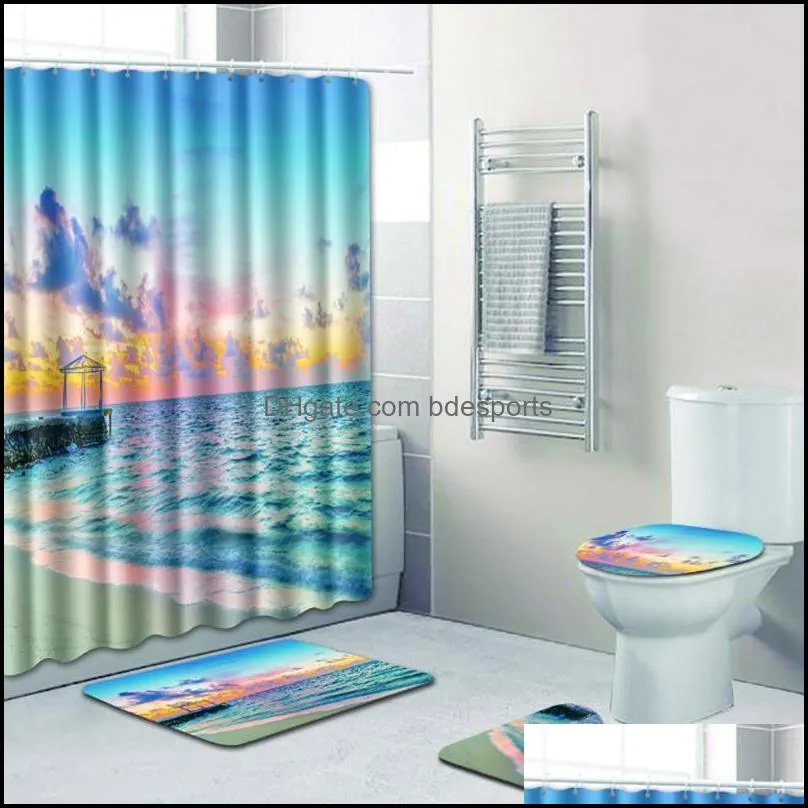 Bath Accessory Set 4PCS Sea Style Non Slip Toilet Polyester Cover Mat Bathroom Shower Curtain Accessories Multicolor Textiles For Home