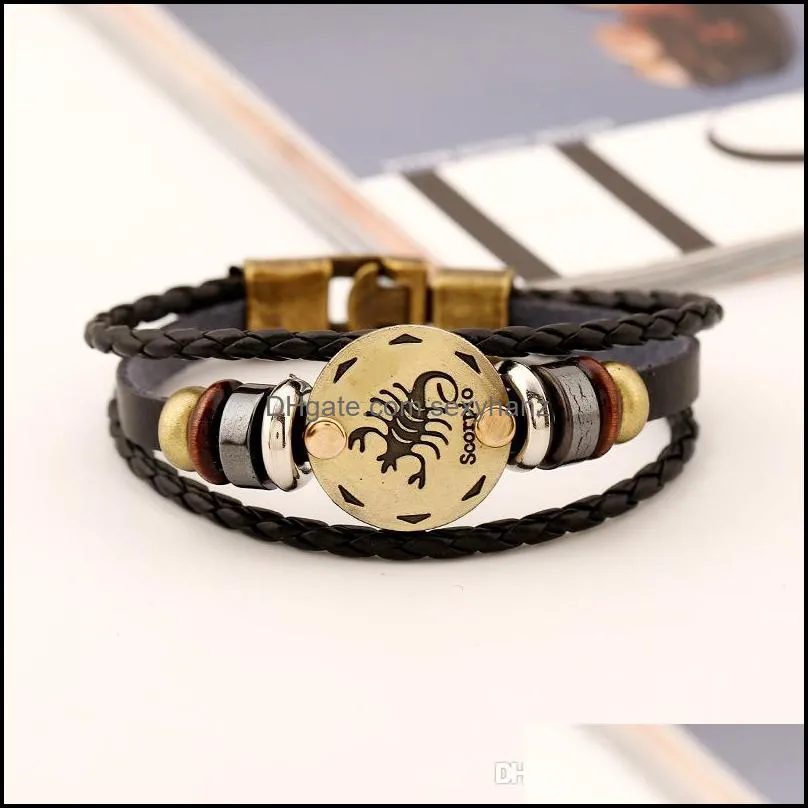 New fashion bracelets Twelve Constellation genuiue Leather Bracelets Jewelry wholesale mix