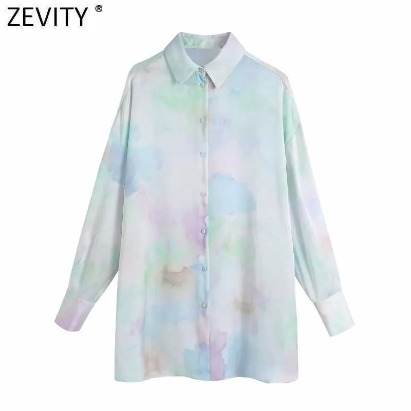 Zevity Women Vintage Tie Dye Skriv ut Casual Loose Blouse Office Långärmad Breasted Shirt Chic Oversize Blusas Tops LS9282 210603