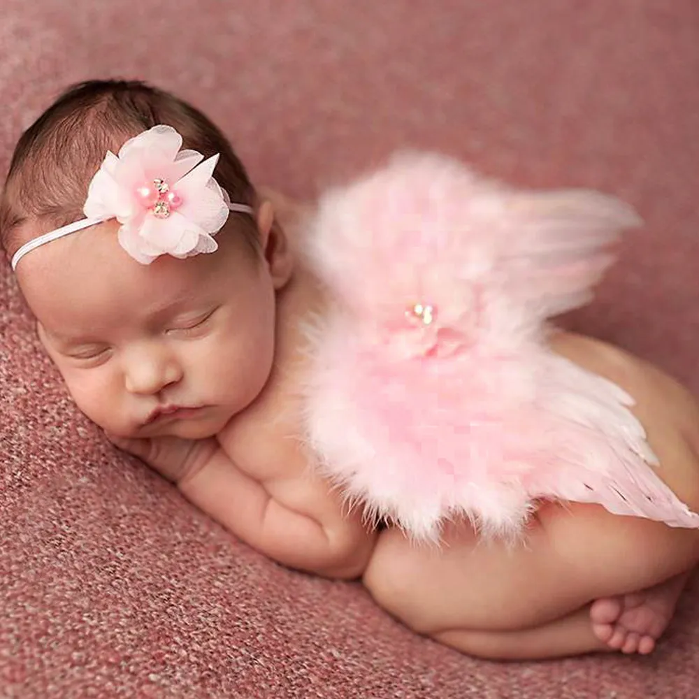 Baby Angel Photo d'aile Photographie Prise de vue en photographie Nouveau-né Costume de plumes blancs rose rose avec bandeau de fleur de dentelle en mousseline de soie élastique BAW02