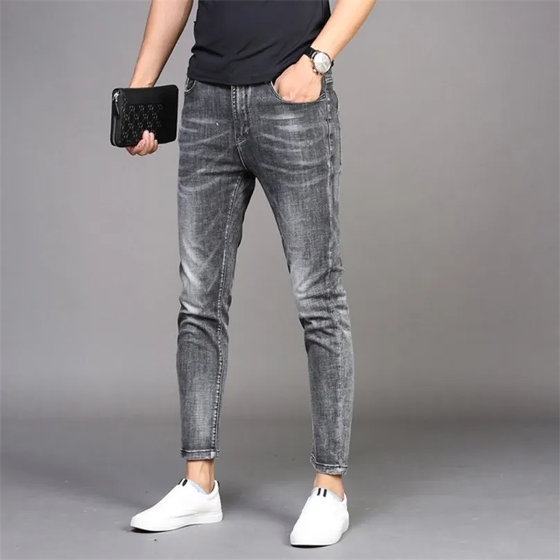 Wholesale Denim jeans men's trendy brand Slim feet casual long pants Korean style summer thin smoke gray pencil 211111